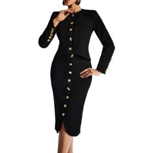meilun Long Sleeve Button Lace-Up Skirt Set Round-Neck Top and Skirt Ensemble(Black)