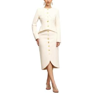 meilun Long Sleeve Button Lace-Up Skirt Set Round-Neck Top and Skirt Ensemble(White)