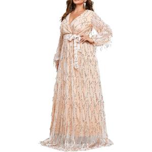 meilun Long Sleeve Sequins Formal Prom Evening Gowns Elegant V Neck Tassel Maxi Dress(A-champagne)