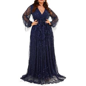meilun Long Sleeve Sequins Formal Prom Evening Gowns Elegant V Neck Tassel Maxi Dress(A-navy)