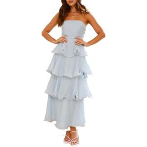 meilun Mesh Cake Dress Puffy Mesh Backless Slightly Sheer Summer Seaside Sleeveless Dresses(Light Blue)