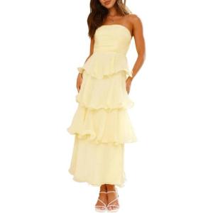meilun Mesh Cake Dress Puffy Mesh Backless Slightly Sheer Summer Seaside Sleeveless Dresses(Yellow)