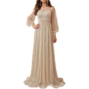 meilun Mesh Long Sleeve Party Dress Sequin Prom Evening Formal Gowns A-line Maxi Dress(A-champagne)
