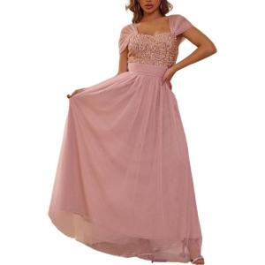 meilun Mesh Sequins Short Sleeve Dresses Anniversary Wedding Dinner Dresses(Pink)