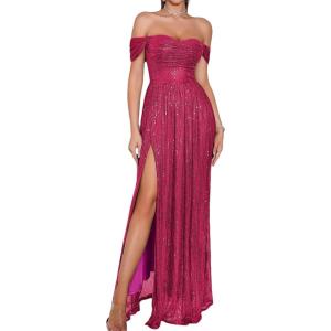 meilun Off Shoulder Formal Maxi Dress for Women Sequin Ruched Bodycon High Slit Evening Gowns Wedding Guest Dress(A-hotpink)