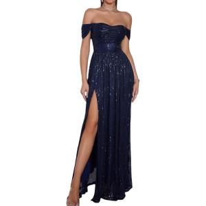 meilun Off Shoulder Formal Maxi Dress for Women Sequin Ruched Bodycon High Slit Evening Gowns Wedding Guest Dress(A-navy)