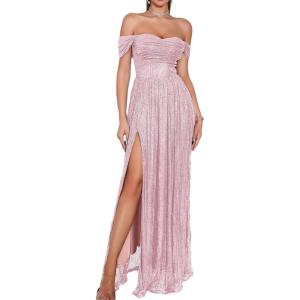 meilun Off Shoulder Formal Maxi Dress for Women Sequin Ruched Bodycon High Slit Evening Gowns Wedding Guest Dress(A-pink)