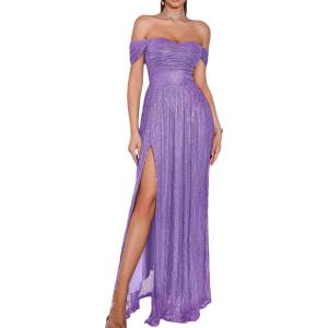 meilun Off Shoulder Formal Maxi Dress for Women Sequin Ruched Bodycon High Slit Evening Gowns Wedding Guest Dress(A-purple)