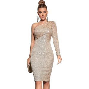 meilun One Shoulder Long Sleeve Sequins Dresses for Women Formal Evening Gowns Bodycon Cocktail Party Dress(A-champagne)