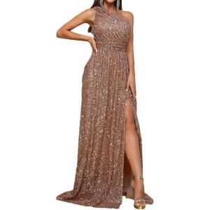 meilun One Shoulder Sleeveless Slit Maxi Dress Formal Evening Gowns Ruched A-line Long Dress(A-champagne)