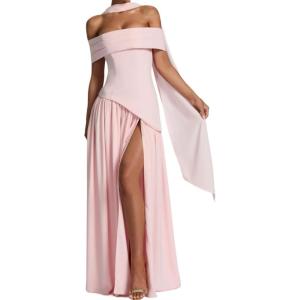 meilun One-Shoulder Long Dress with Elegant Asymmetric Slit Vacation Evening Gown(Pink)
