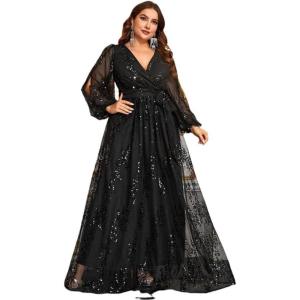 meilun Plus Size Dress Sequined Sexy V-Neck Bell-Sleeve Evening Gown(Black)