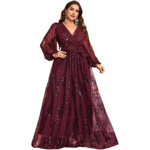 meilun Plus Size Dress Sequined Sexy V-Neck Bell-Sleeve Evening Gown(Wine)