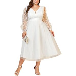 meilun Plus Size Mesh Dress Long Sleeve See Through Wedding Bridesmaid Dresses Gowns(White)