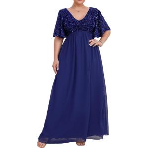 meilun Plus Size Short Sleeve Sequins Evening Gowns Formal Party Long Dress Wedding Guest Dress(Royal)