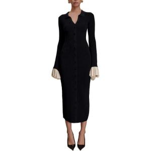 meilun Ruffle Knit Midi Dress Polo-Neck Fitted Workwear-Casual Dress(Black)