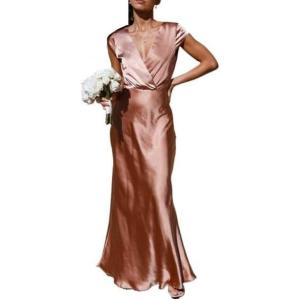 meilun Satin Solid Color V-Neck Long Dress with Short Sleeves and Fishtail Hem Elegant Party Gown(Pink)
