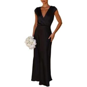meilun Satin Solid Color V-Neck Long Dress with Short Sleeves and Fishtail Hem Elegant Party Gown(White)