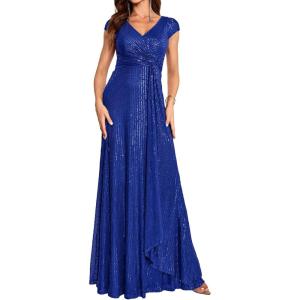 meilun Short Sleeve Sequin Dress for Women Formal Gowns Sparkly V Neck Maxi Dress(A-royalblue)