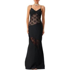 meilun Spaghetti Embroidered Bandage Maxi Dress Lace Sheer Evening Gown(Black)