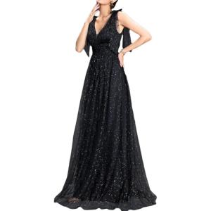 meilun Sparkly Women’s Knot-Bow Strap Formal Dress Evening Gown Wedding Guest Dress Elegant V Neck Bridesmaid Long Dress(A-black)