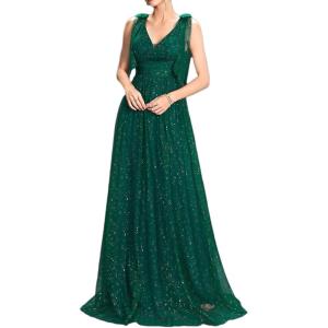 meilun Sparkly Women’s Knot-Bow Strap Formal Dress Evening Gown Wedding Guest Dress Elegant V Neck Bridesmaid Long Dress(A-green)