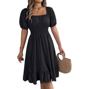 meilun Square-Neck Short-Sleeve Dress Fitted Waist Ruffled A-line Skirt Casual Spring/Fall Resort(Black)