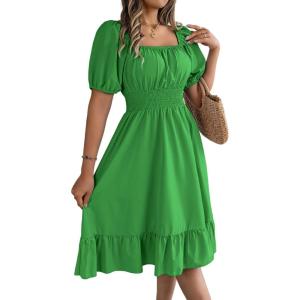 meilun Square-Neck Short-Sleeve Dress Fitted Waist Ruffled A-line Skirt Casual Spring/Fall Resort(Green)