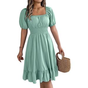meilun Square-Neck Short-Sleeve Dress Fitted Waist Ruffled A-line Skirt Casual Spring/Fall Resort(Mintgreen)