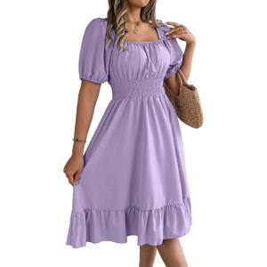 meilun Square-Neck Short-Sleeve Dress Fitted Waist Ruffled A-line Skirt Casual Spring/Fall Resort(Purple)