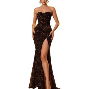 meilun Strapless Leopard Print Dress High-Waisted High-Slit Cocktail Gown Long Evening Dress(Brown)