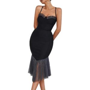 meilun Women Mesh Fishtail Formal Dress Spaghetti Strap Midi Dress Fitted Bandage Dress for Wedding Guest(A-black)