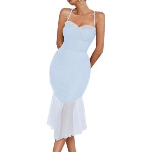 meilun Women Mesh Fishtail Formal Dress Spaghetti Strap Midi Dress Fitted Bandage Dress for Wedding Guest(A-lightblue)