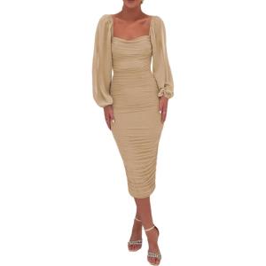 meilun Women’s Mesh Bodycon Wedding Guest Dress Elegant Long Sleeve Square Neck Ruched Cocktail Party Midi Dress(A-beige)