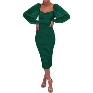 meilun Women’s Mesh Bodycon Wedding Guest Dress Elegant Long Sleeve Square Neck Ruched Cocktail Party Midi Dress(A-green)
