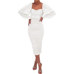 meilun Women’s Mesh Bodycon Wedding Guest Dress Elegant Long Sleeve Square Neck Ruched Cocktail Party Midi Dress(A-white)