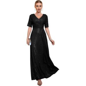 meilun Women’s Short Sleeve Sequin Dress Evening Gowns Formal Sparkly V Neck Maxi Dress for Wedding Guest(A-black)