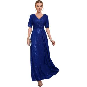 meilun Women’s Short Sleeve Sequin Dress Evening Gowns Formal Sparkly V Neck Maxi Dress for Wedding Guest(A-blue)