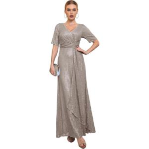 meilun Women’s Short Sleeve Sequin Dress Evening Gowns Formal Sparkly V Neck Maxi Dress for Wedding Guest(A-grey)