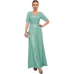 meilun Women’s Short Sleeve Sequin Dress Evening Gowns Formal Sparkly V Neck Maxi Dress for Wedding Guest(A-lightgreen)