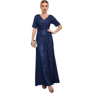 meilun Women’s Short Sleeve Sequin Dress Evening Gowns Formal Sparkly V Neck Maxi Dress for Wedding Guest(A-navy)