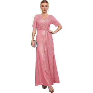meilun Women’s Short Sleeve Sequin Dress Evening Gowns Formal Sparkly V Neck Maxi Dress for Wedding Guest(A-pink)