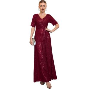 meilun Women’s Short Sleeve Sequin Dress Evening Gowns Formal Sparkly V Neck Maxi Dress for Wedding Guest(A-wine)