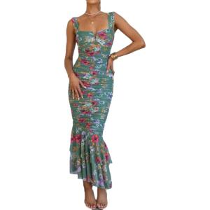 meilun Women’s Shoulder Strap Wedding Guest Dress Ruched Mesh Bodycon Party Fishtail Maxi Dress(A-greenfloral)