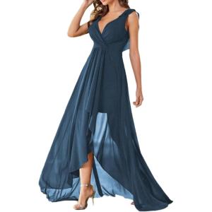 meilun Womens Sleeveless Dresses for Wedding Double V-Neck A-line Ruffle Formal Evening Dress(A-blue)