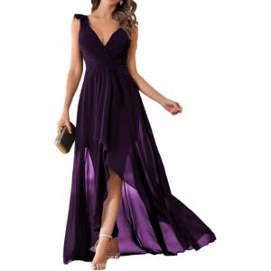 meilun Womens Sleeveless Dresses for Wedding Double V-Neck A-line Ruffle Formal Evening Dress(A-purple)