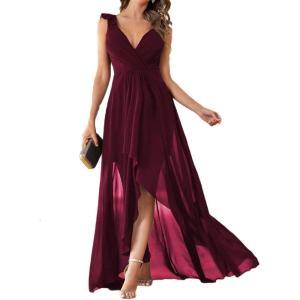 meilun Womens Sleeveless Dresses for Wedding Double V-Neck A-line Ruffle Formal Evening Dress(A-wine)