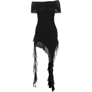 meilun Women’s Summer Off Shoulder Ruched Ruffle Bodycon Dress Flowy Sleeveless Wrinkcle Party Club Cocktail Short Dresses(A-black)