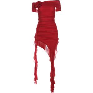 meilun Women’s Summer Off Shoulder Ruched Ruffle Bodycon Dress Flowy Sleeveless Wrinkcle Party Club Cocktail Short Dresses(A-red)