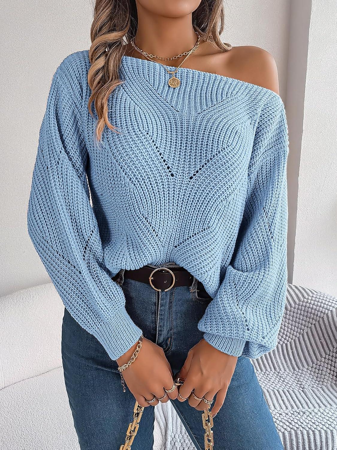 imageOpenwork OffTheShoulder Sweater with Lantern Sleeves for FallWinter Casual WearBlue